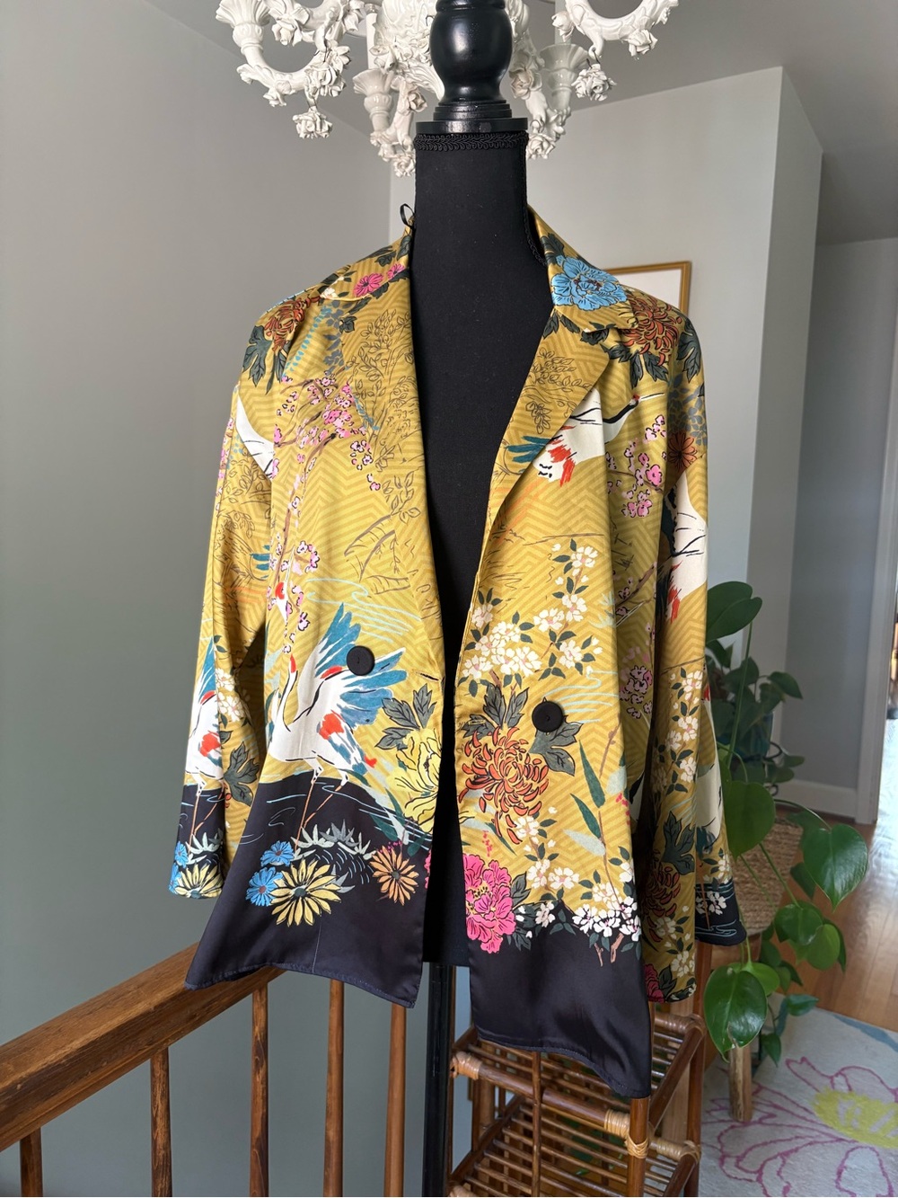 Zara Yellow Floral Satin Blazer with Black Trim